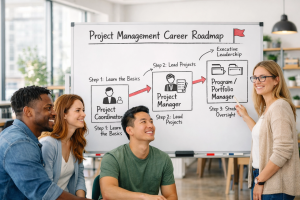 Image of project management career roadmap whiteboard discussion