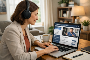 Image of a professional woman taking online project management course