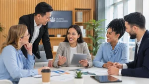 A professional team collaborating in a modern office, setting a strategic tone.