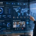 A futuristic view of AI and global connectivity in HR.