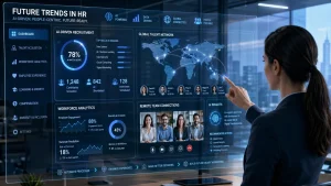 A futuristic view of AI and global connectivity in HR.