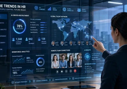 A futuristic view of AI and global connectivity in HR.