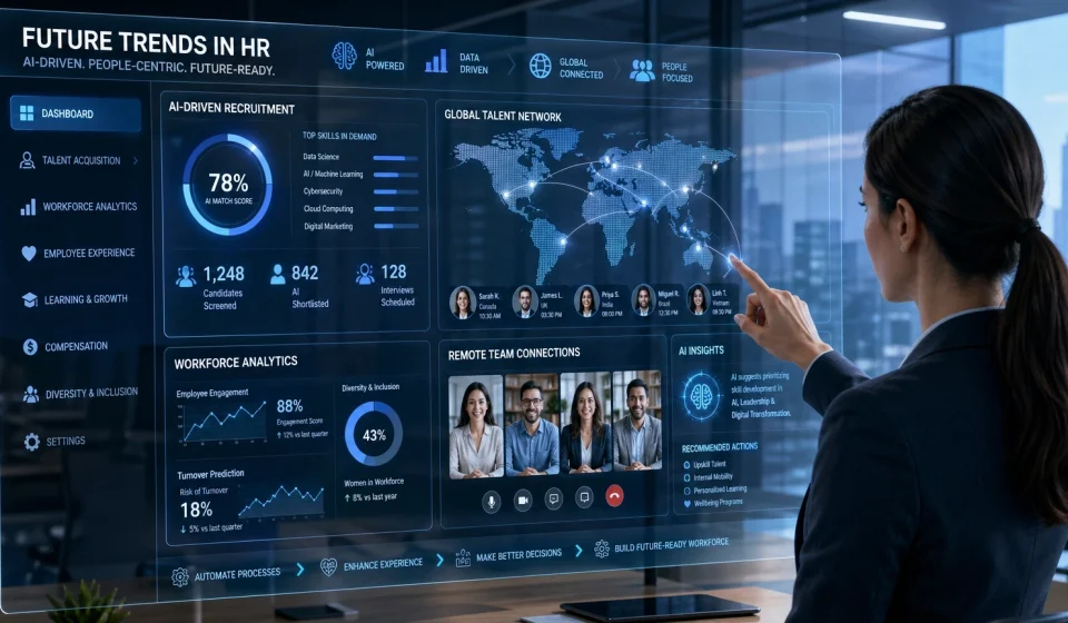 A futuristic view of AI and global connectivity in HR.