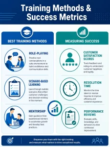 A dual-purpose visual covering best training practices (Role-Playing, Scenarios, Mentorship) and how to measure success (CSAT, Resolution Time, Reviews)